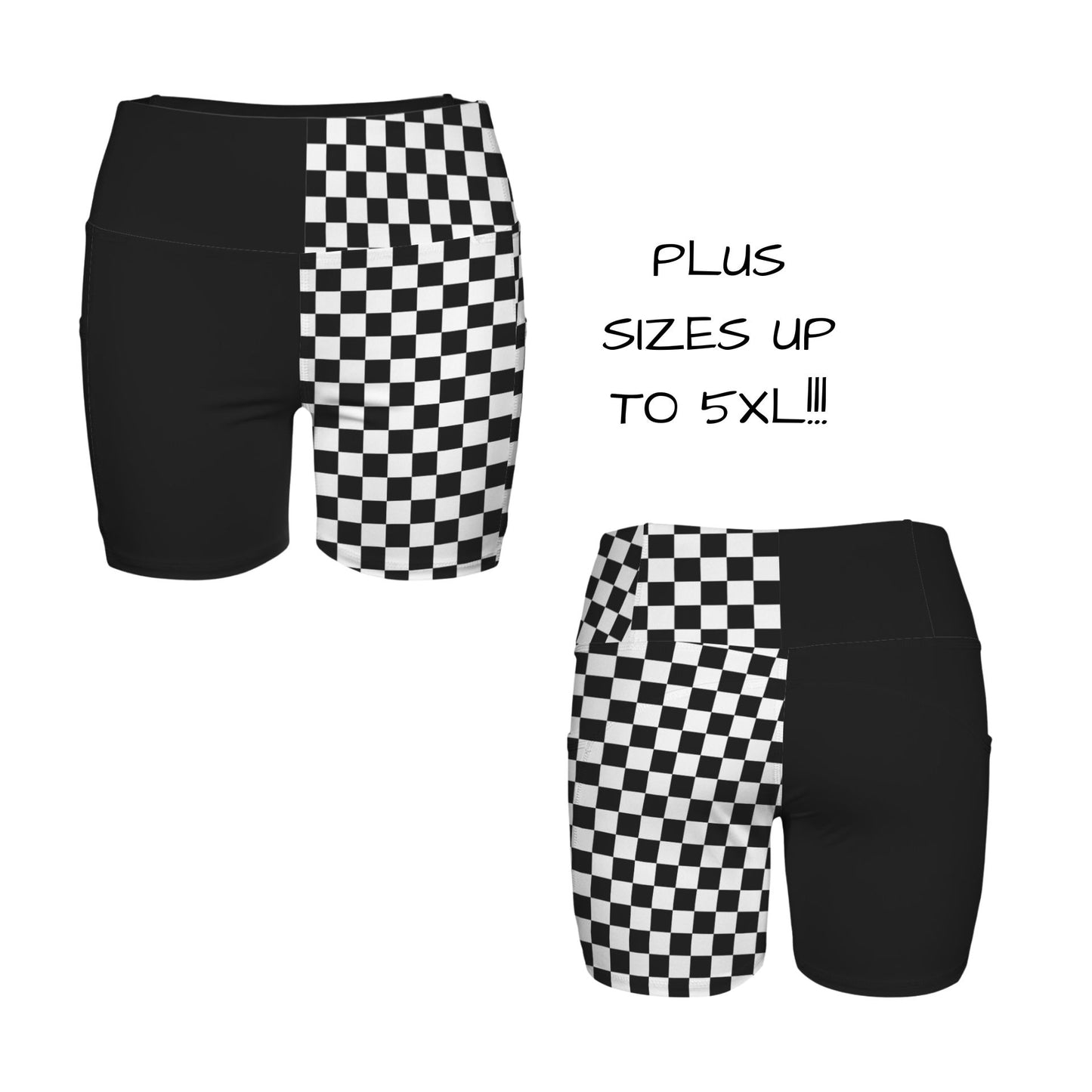 Half Checker Black Split Womens Bike Shorts w Pockets