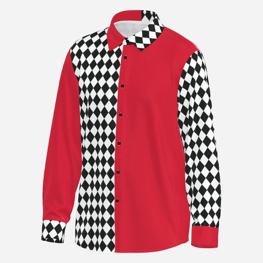 A long-sleeve button-up shirt with a split design: solid red on the right side and left sleeve, and black-and-white harlequin diamond pattern on the left chest, right sleeve, and collar, shown on a light gray background.
