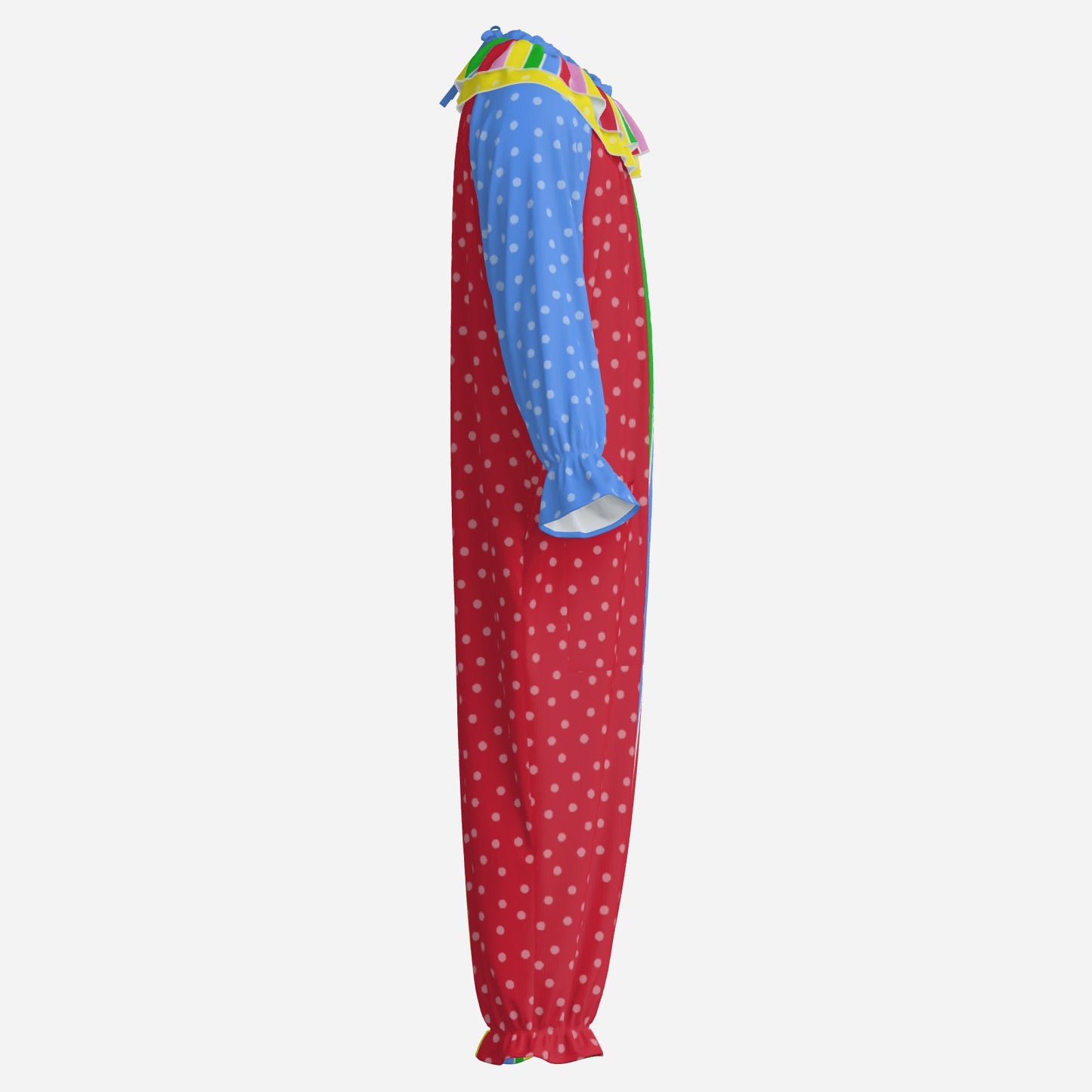 Colorful clown costume with red body, blue sleeves, and multicolored ruffle collar on a white background