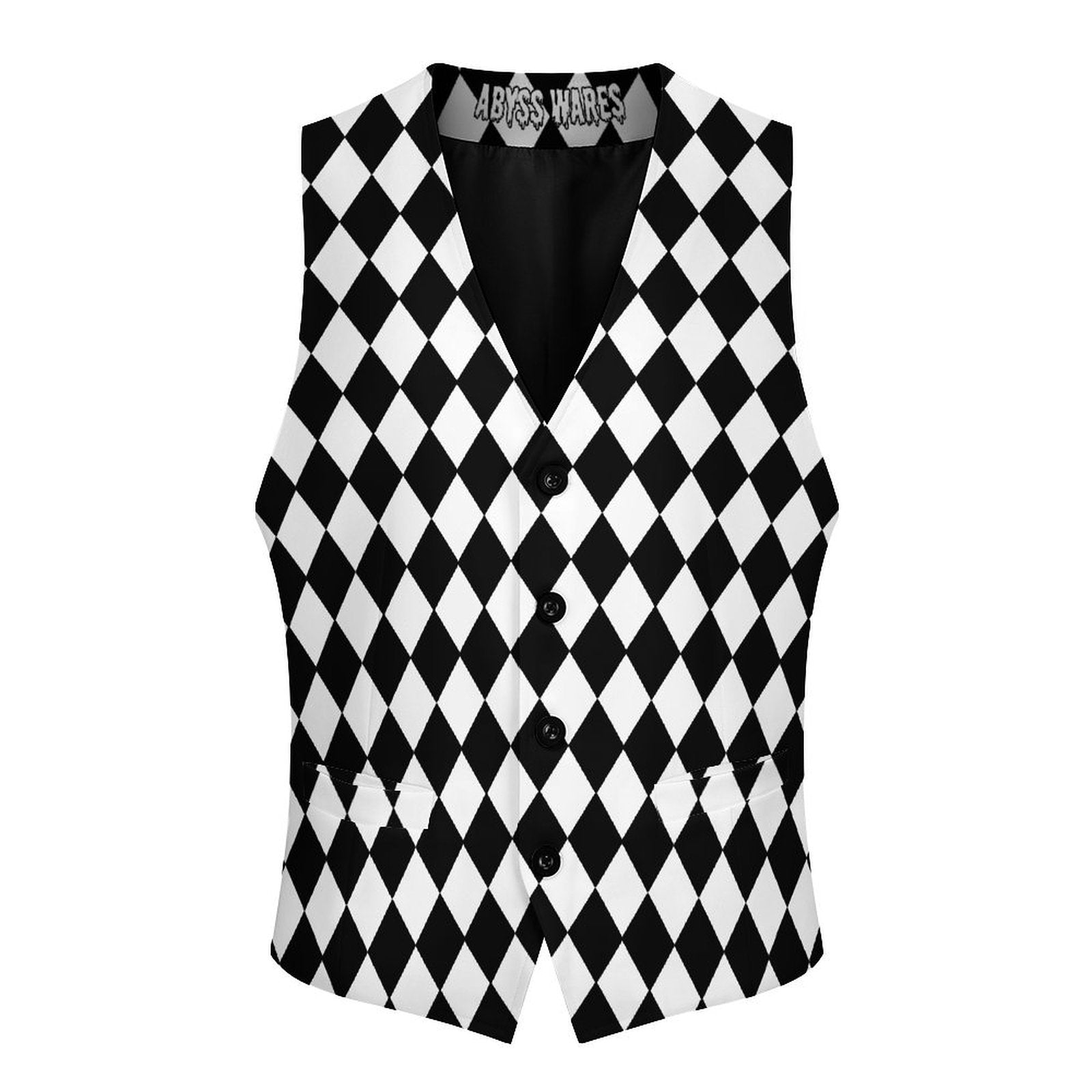 Black and white harlequin checkered vest with 'Abyss Wares' branding 