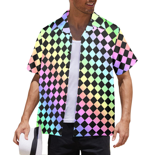 Person wearing a colorful checkered shirt on a white background
