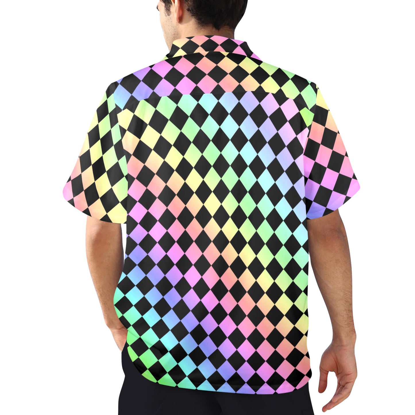 Person wearing a colorful checkered shirt with a white background