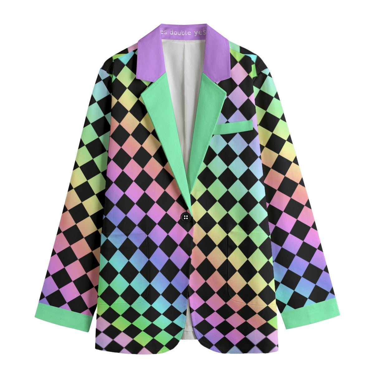 Colorful checkered blazer with green and lavender accents on a white background