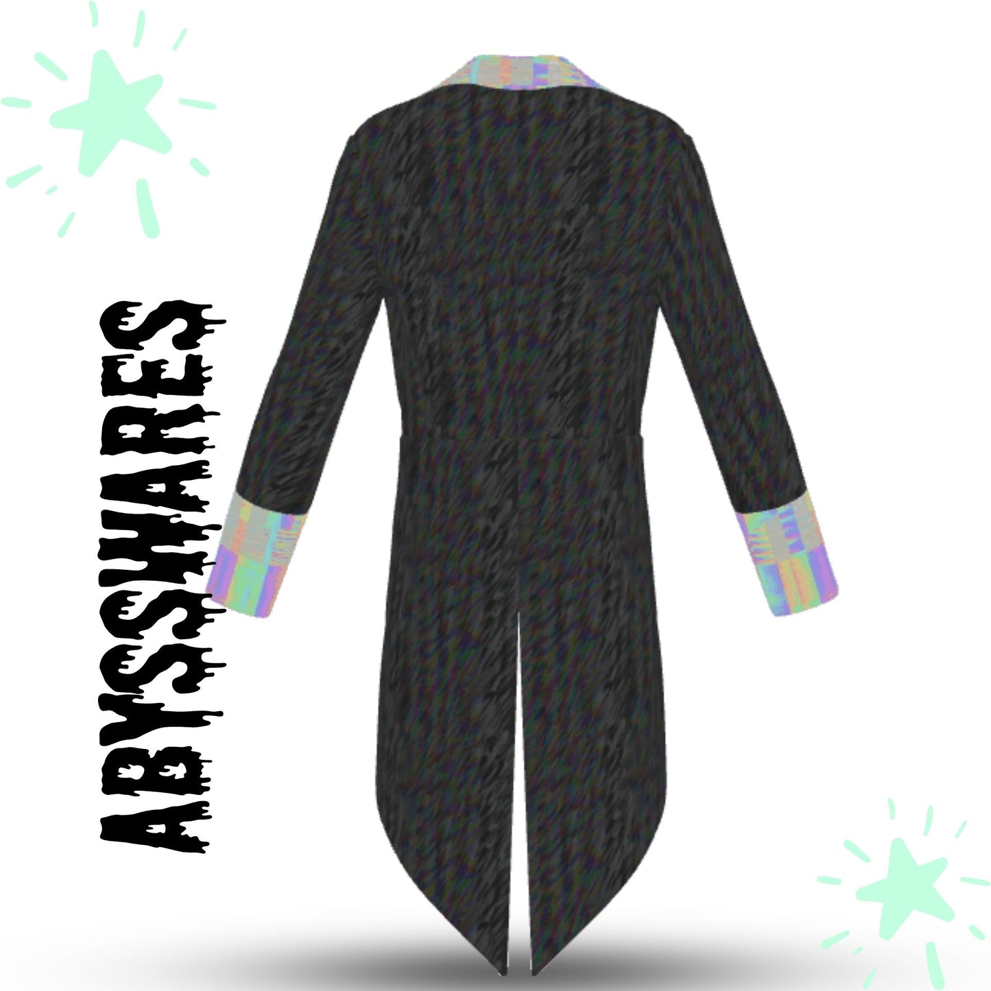 Long black coat with colorful cuffs on a white background, featuring the brand 'ABYSSWARES'.