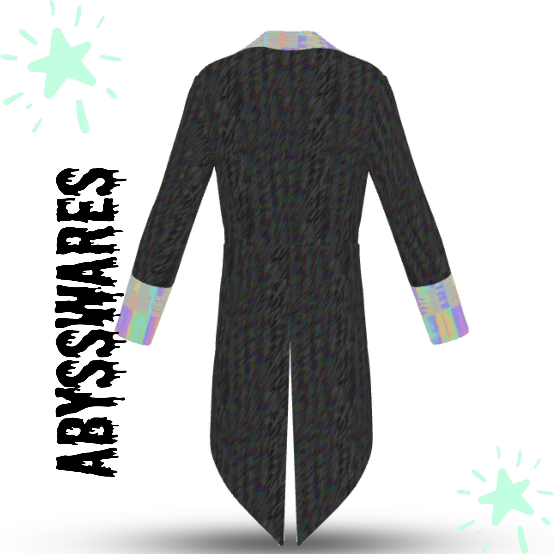 Long black coat with colorful cuffs on a white background, featuring the brand 'ABYSSWARES'.