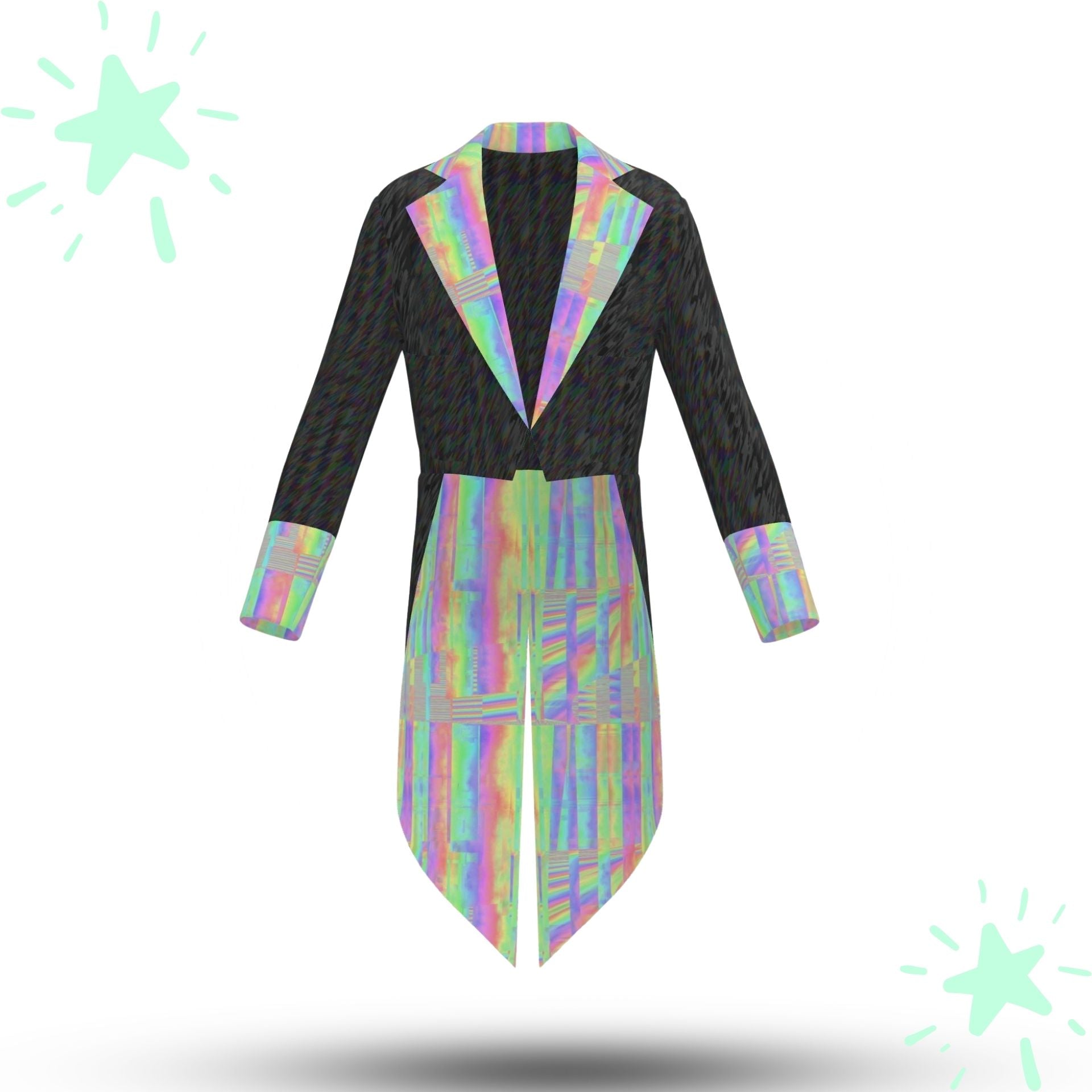 Black tailcoat with colorful geometric pattern on a white background