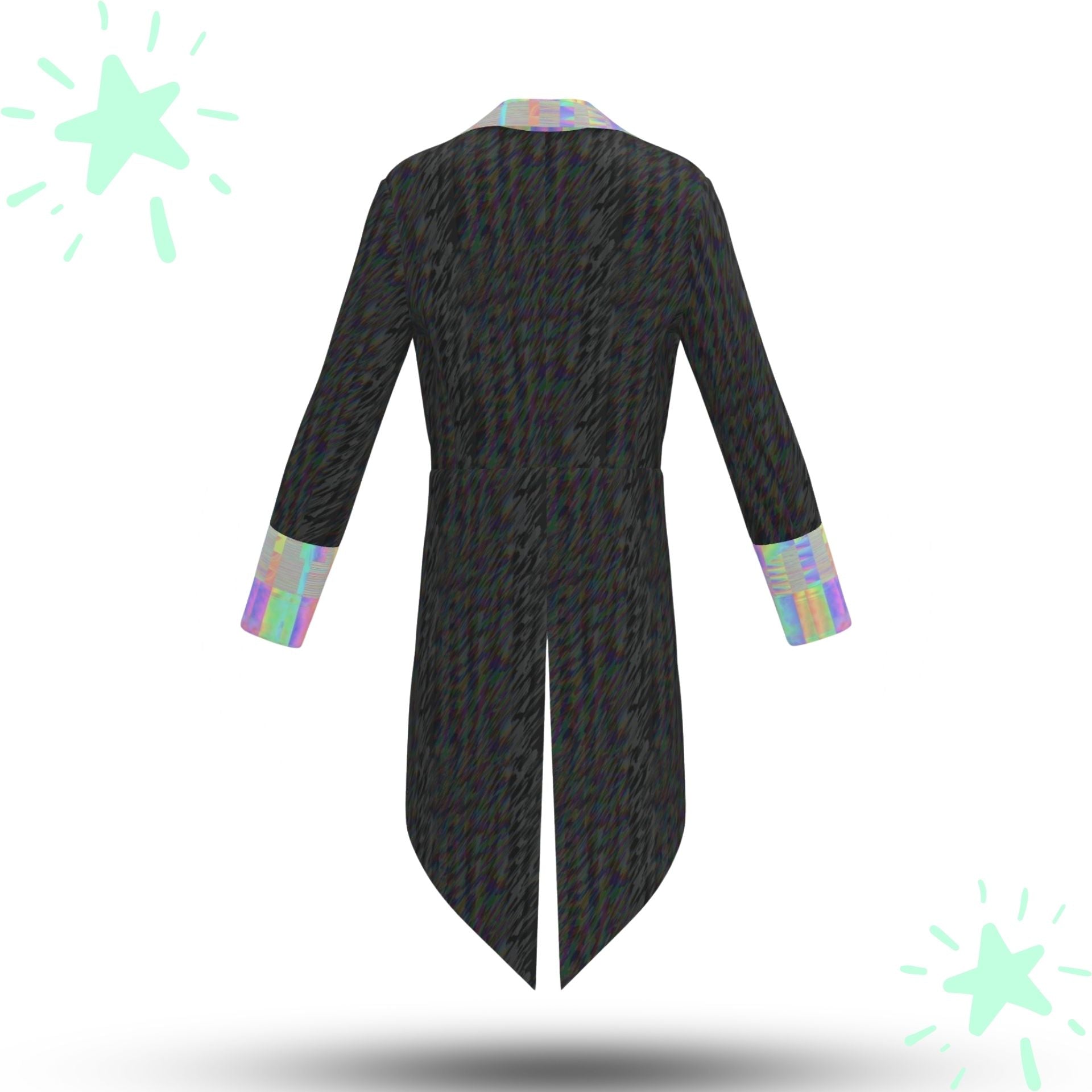 Black patterned coat with colorful cuffs on a white background