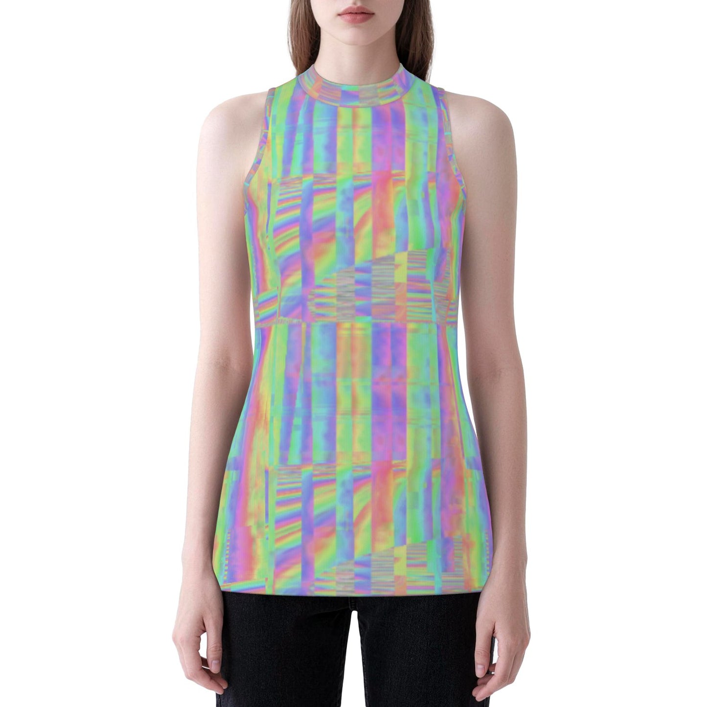 Holo Glitch Rainbow Mockneck Tank Top