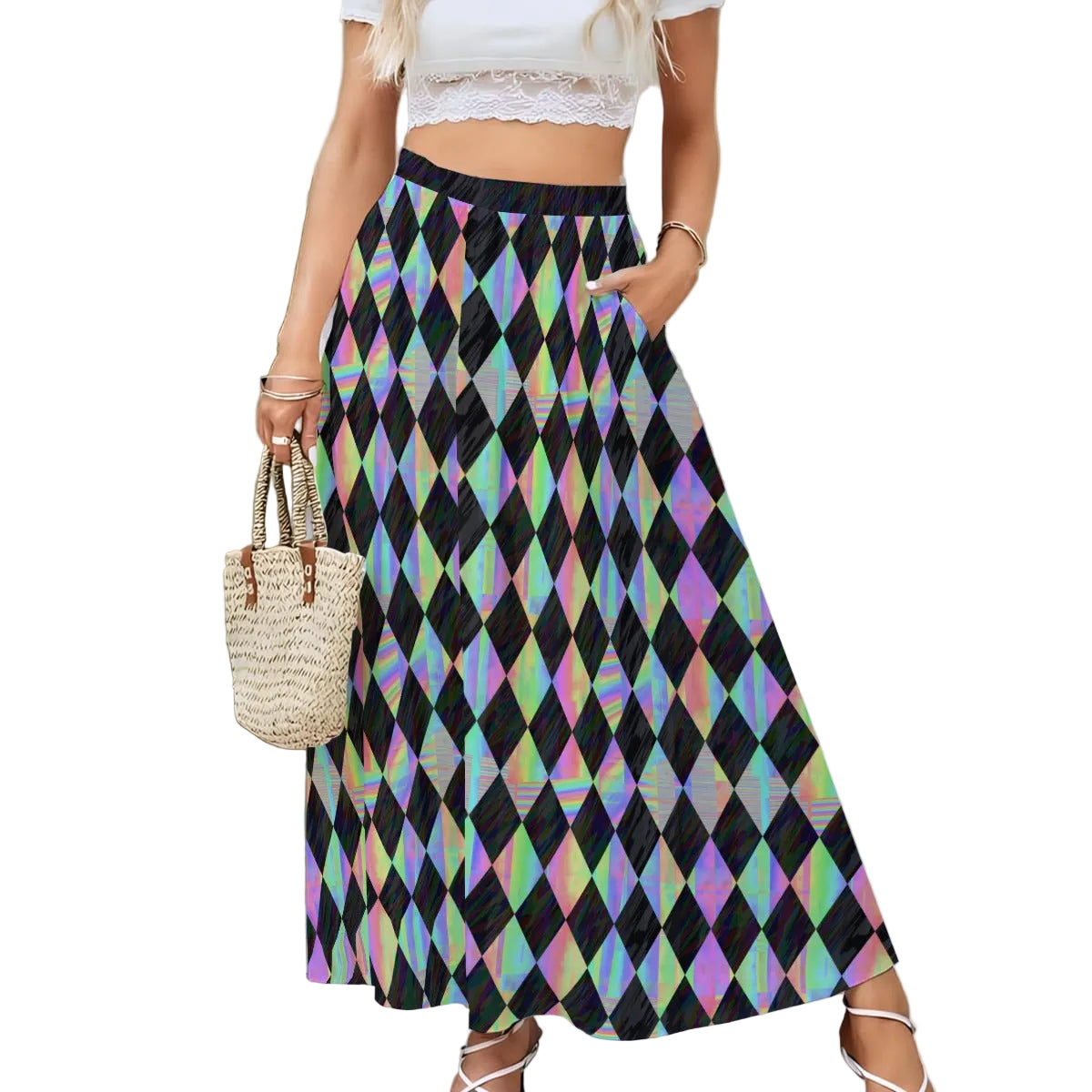 faux holographic harlequin diamond pattern long maxi skirt with pockets