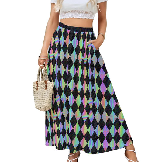 faux holographic harlequin diamond pattern long maxi skirt with pockets