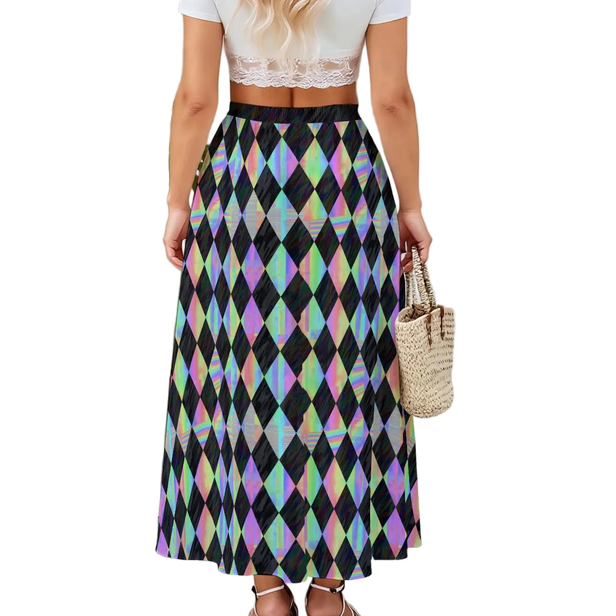 back view of a person wearing a colorful geometric patterned skirt that looks holographic