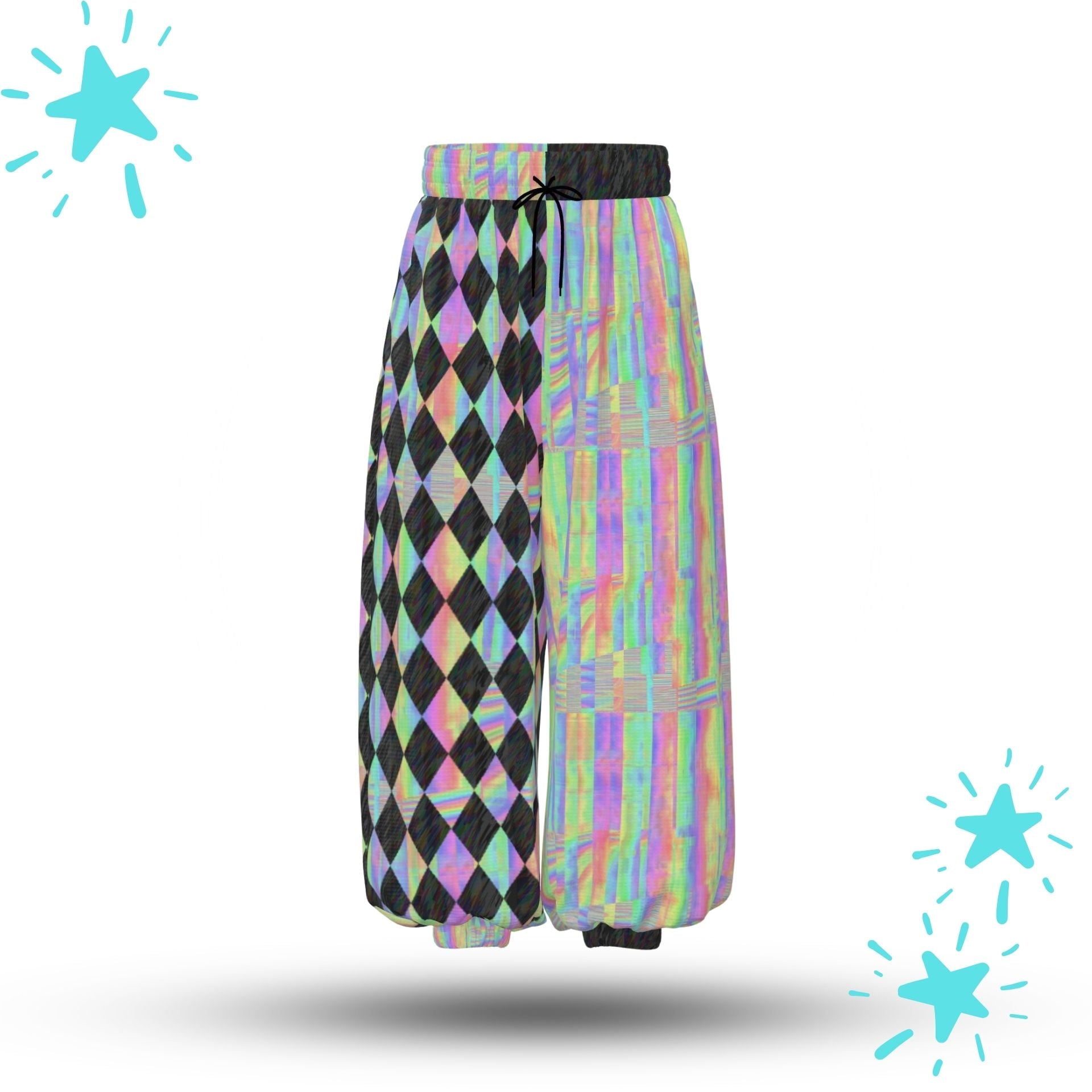 Colorful checkered pants with a black diamond pattern on a white background
