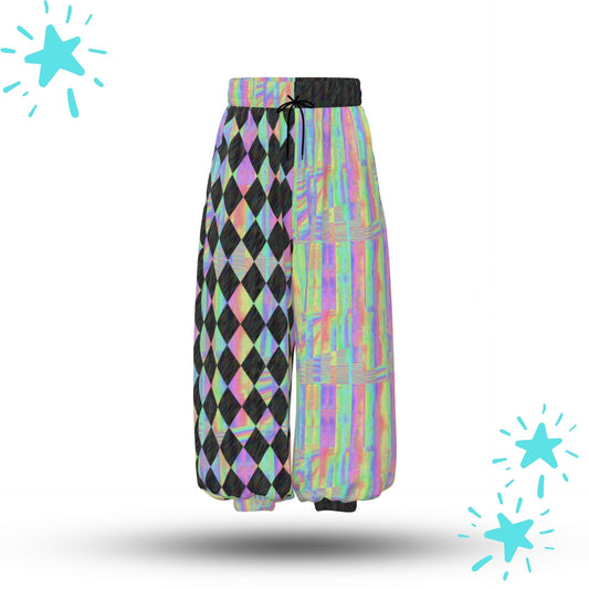 Colorful checkered pants with a black diamond pattern on a white background