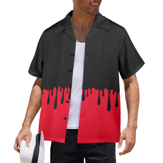 mens gothic button up short sleeve shirt with dripping black ooze over red color shirt