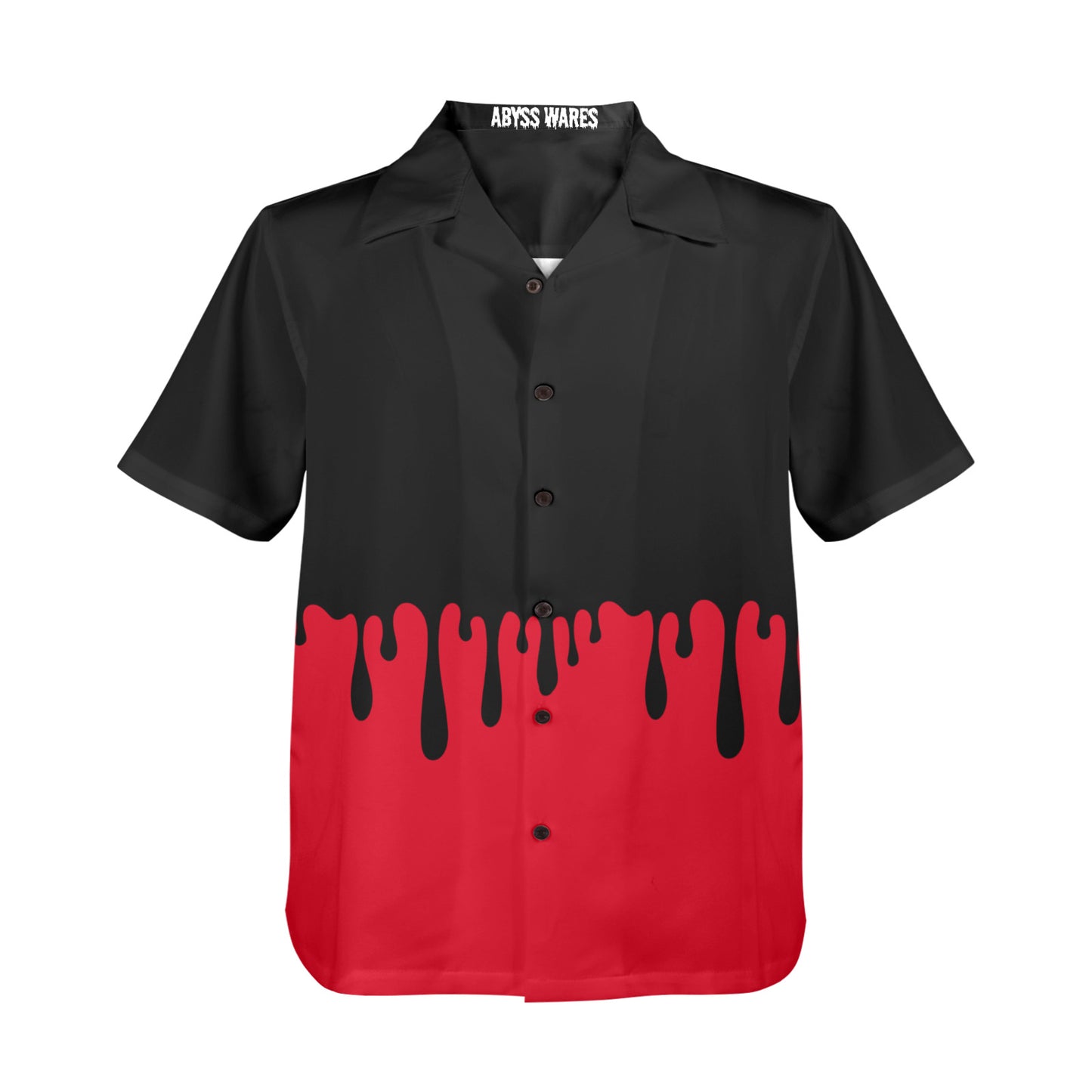 whimsigoth goth mens button up shirt in red and black, drippy black ooze over horror-red