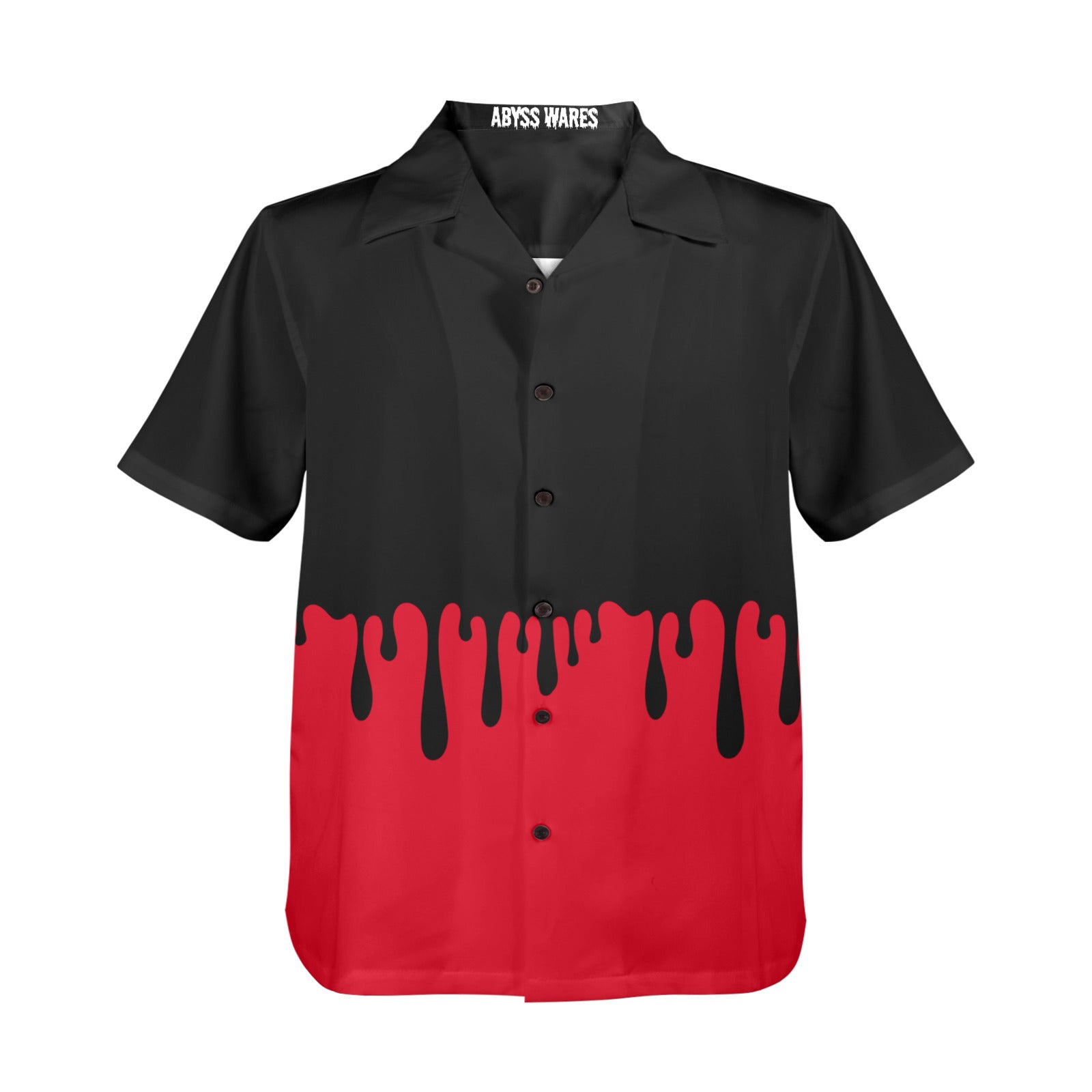 whimsigoth goth mens button up shirt in red and black, drippy black ooze over horror-red