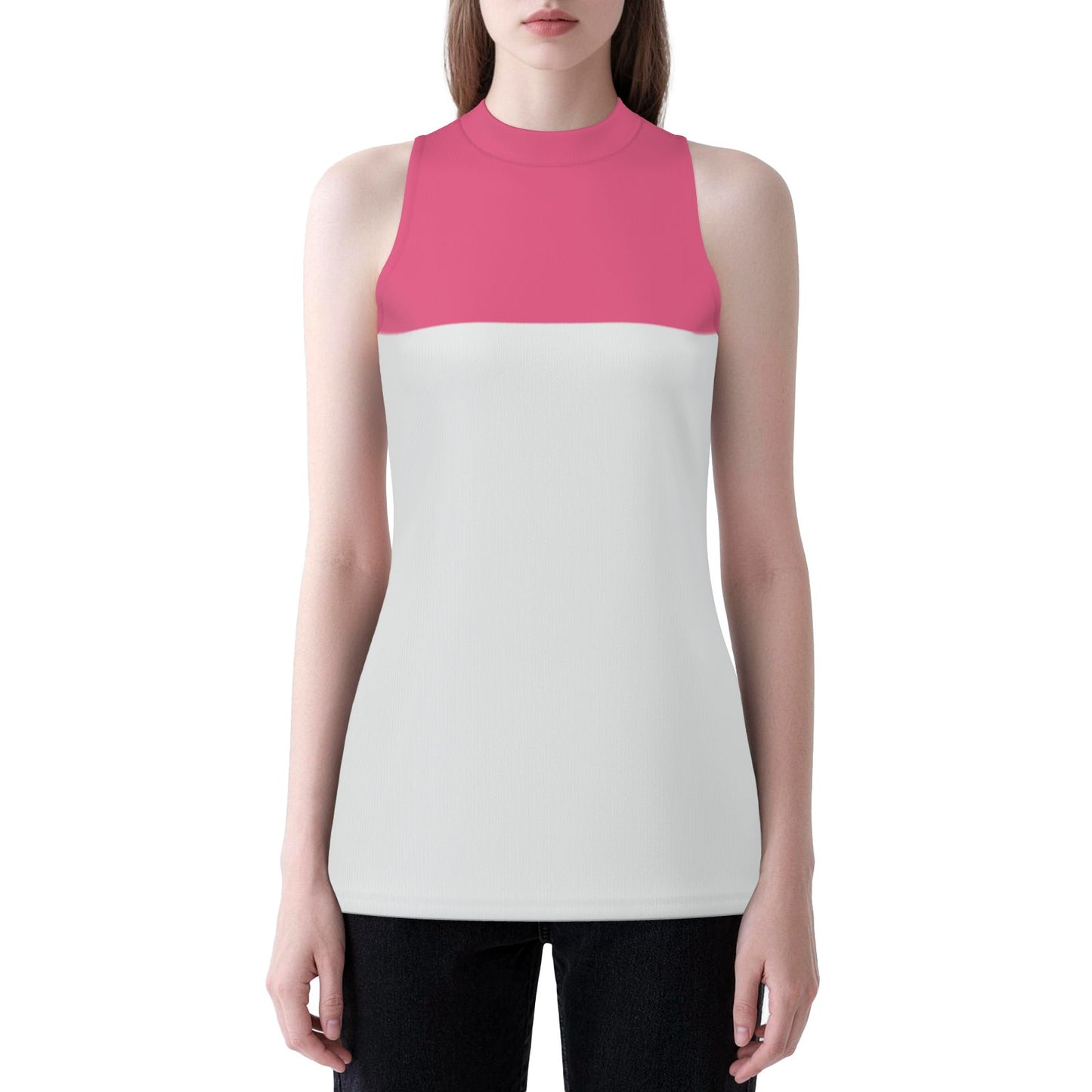 Hot Pink White Colorblock Mockneck Tank modeled on a lady