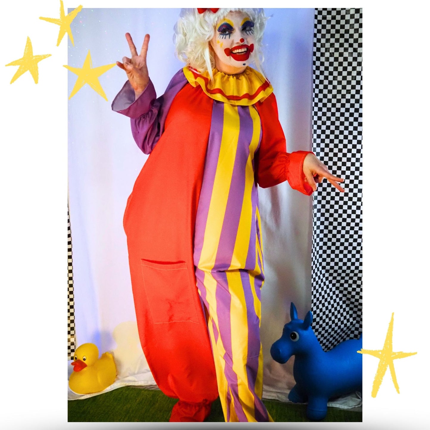 Circus Coveralls Humorous Jester Clown Suit w Ruffle Collar