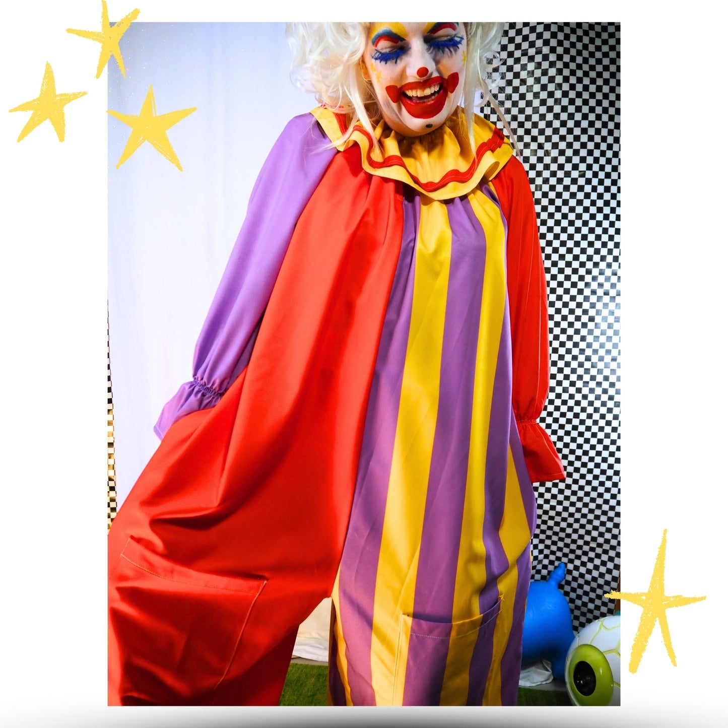 Circus Coveralls Humorous Jester Clown Suit w Ruffle Collar