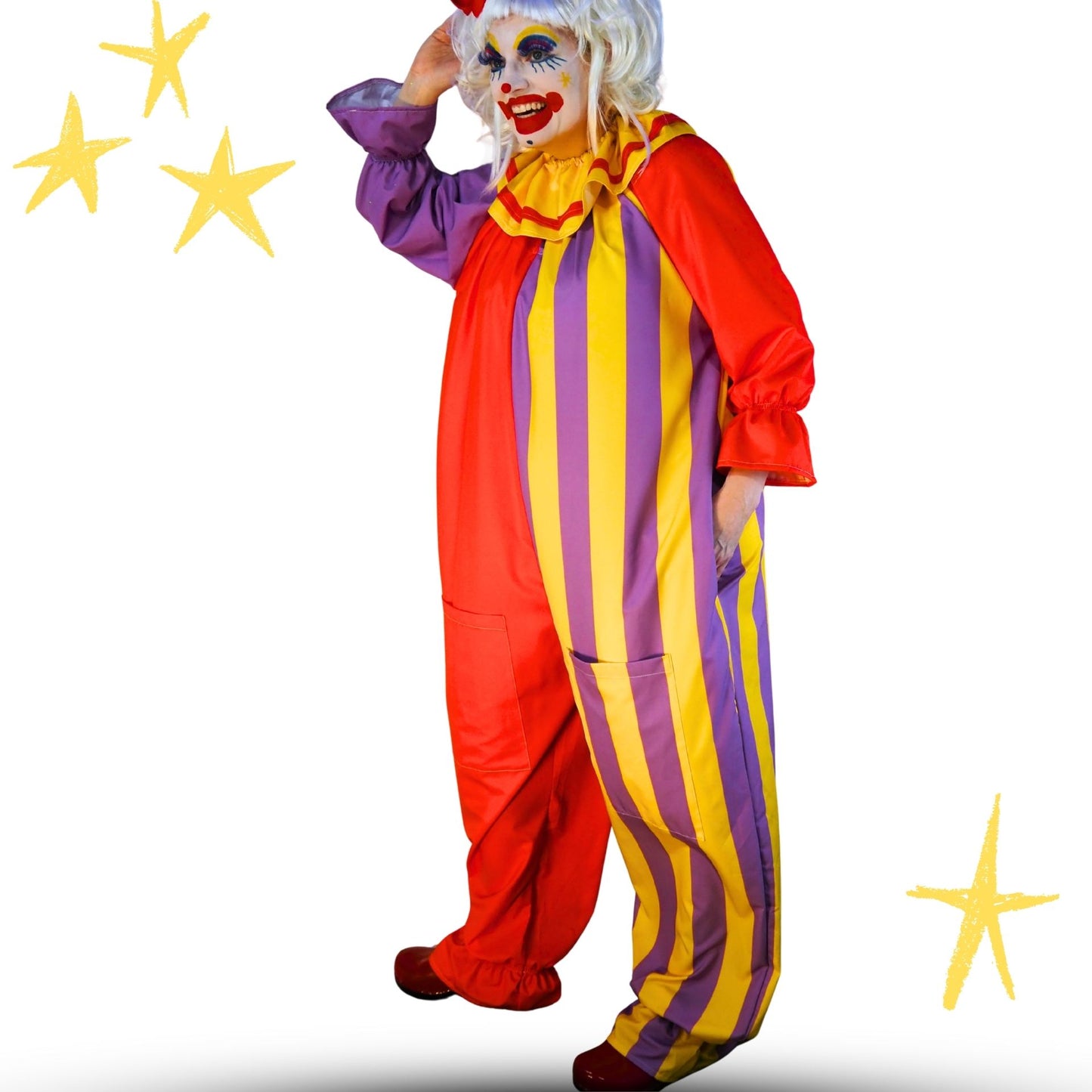 Circus Coveralls Humorous Jester Clown Suit w Ruffle Collar
