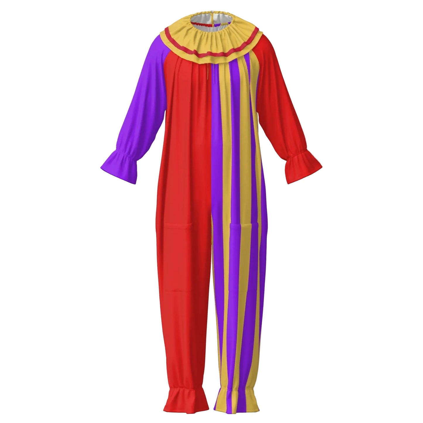 Humorous Jester Clown Suit w Collar in red and yellow purple stripes