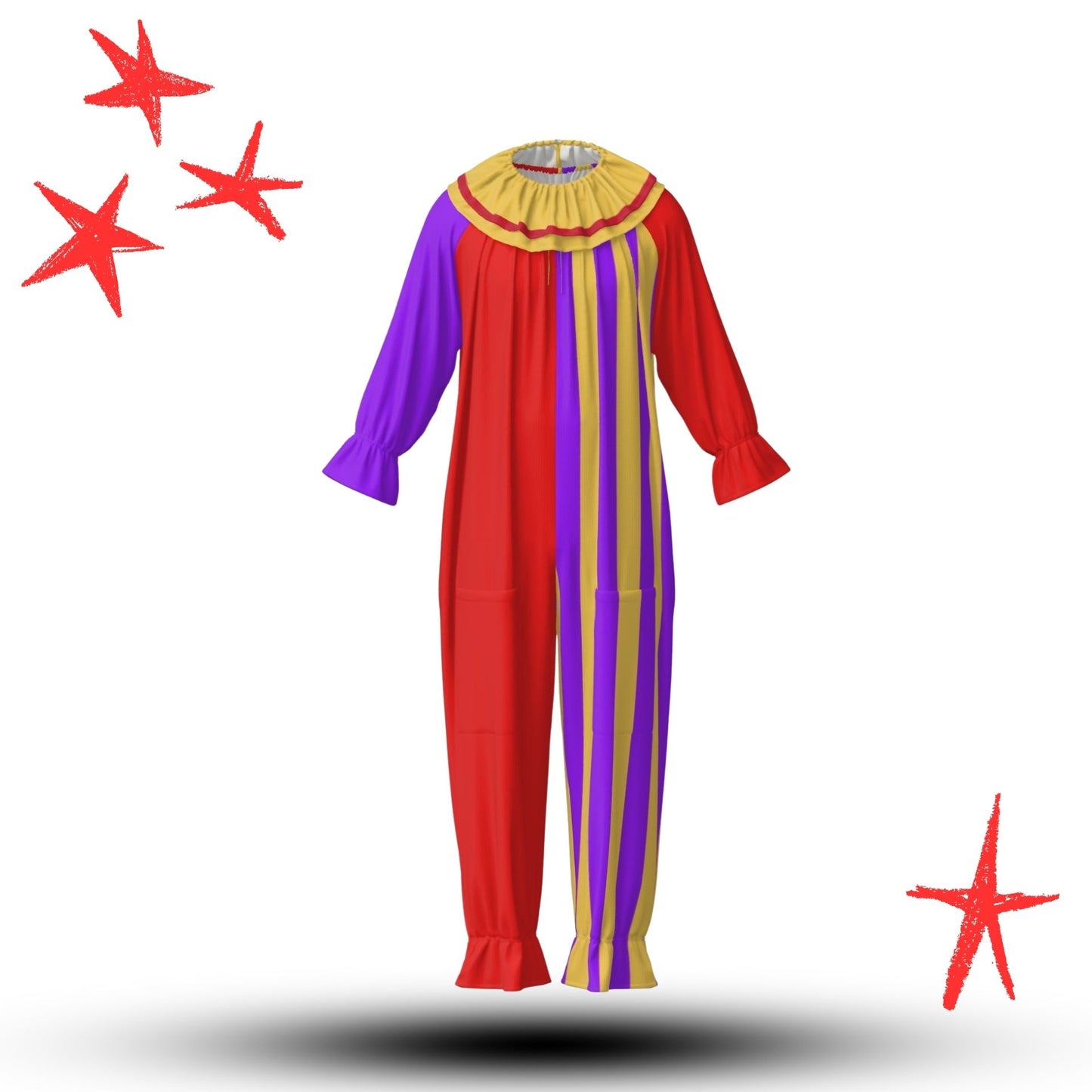 Colorful clown costume with red, purple, and yellow stripes on a white background.
