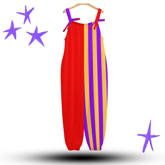 Colorful clown jumpsuit with red, yellow, and purple stripes on a hanger against a white background.