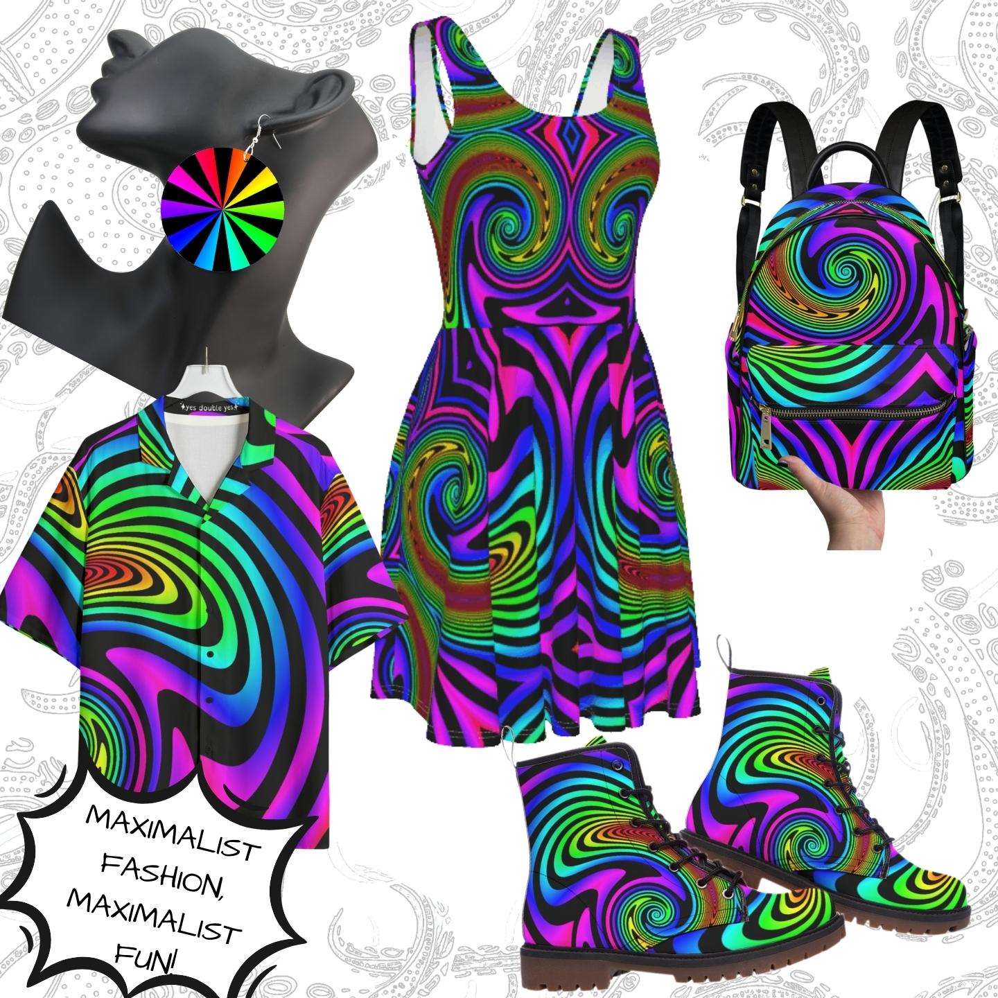 Trippy Hypno Rainbow Skater Dress POCKETS! Plus Sizes Maximalist fractal color silky party sundress