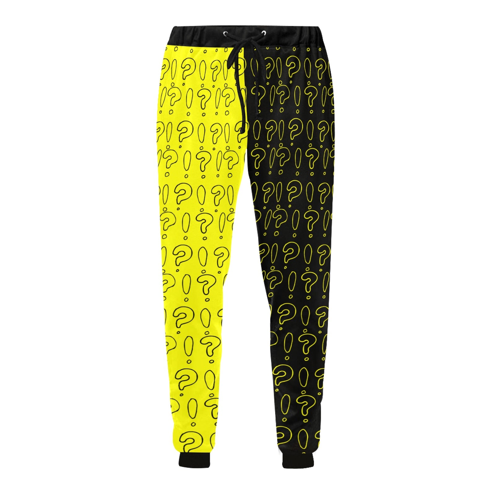 Black and yellow jogger pants with question mark pattern on a white background