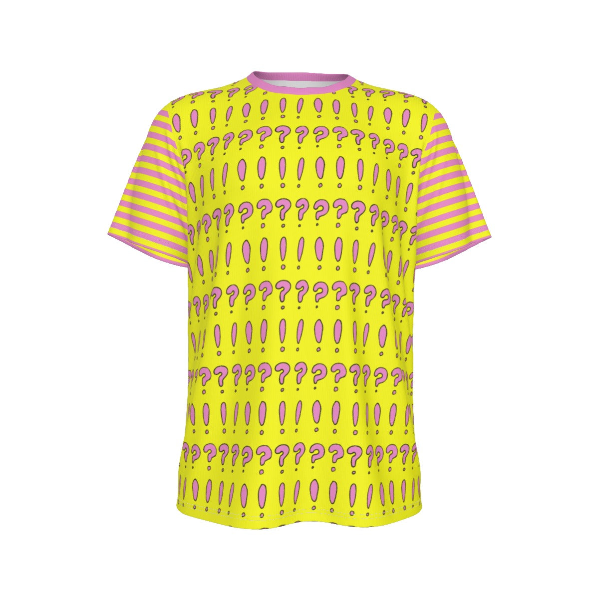 Interrobang Lemonade Mens Clown Shirt bright yellow shirt printed all-over with pink question marks and exclamation marks