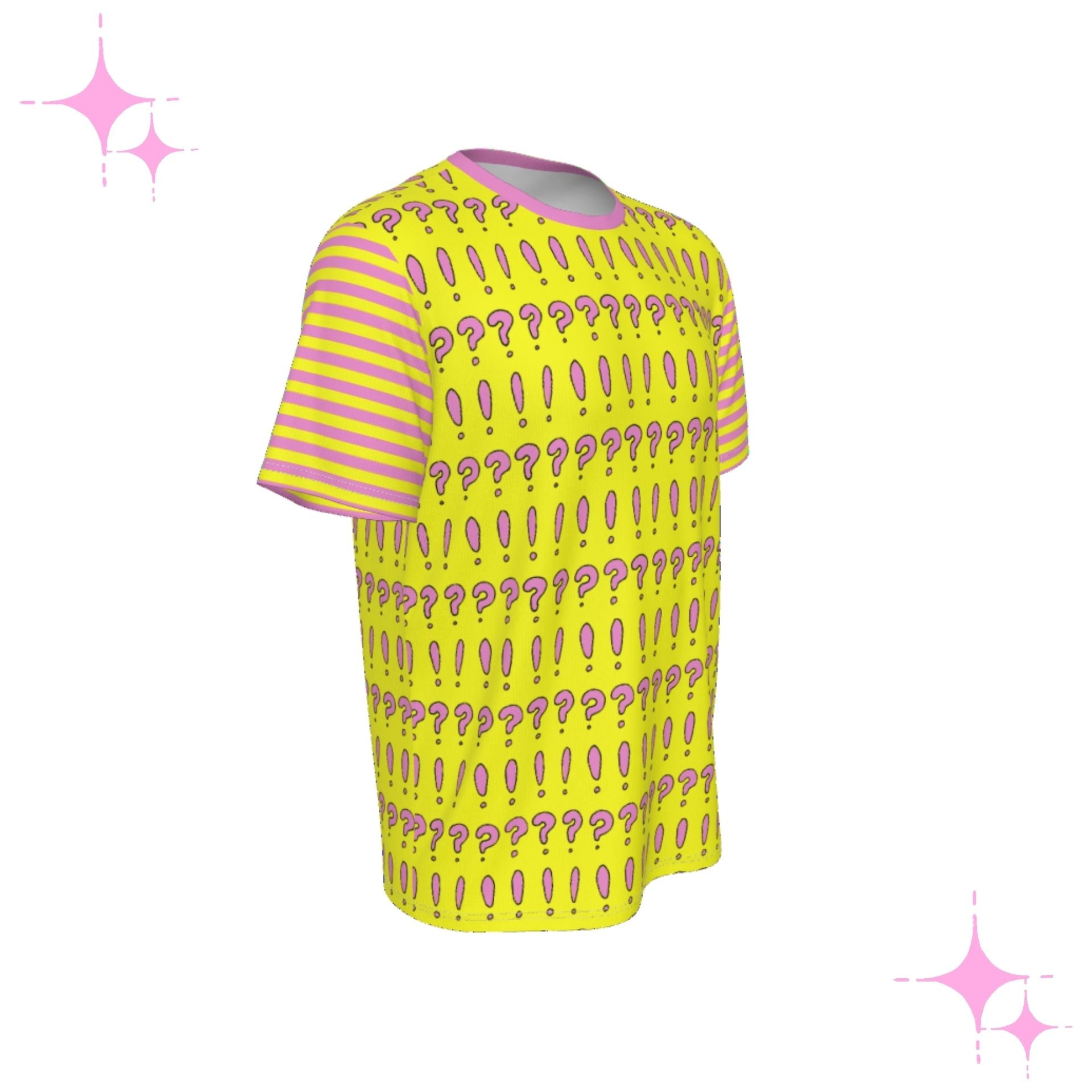 Yellow t-shirt with pink question mark and exclamation point pattern on a white background