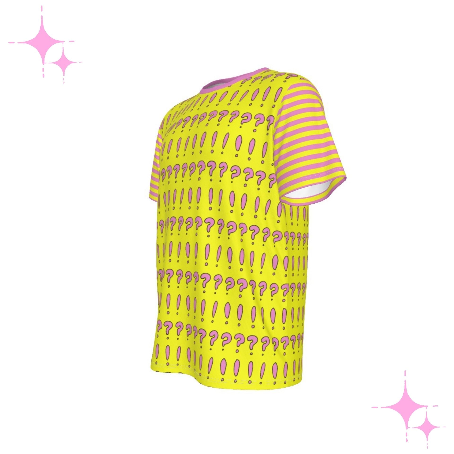 Yellow t-shirt with pink question mark pattern on a white background