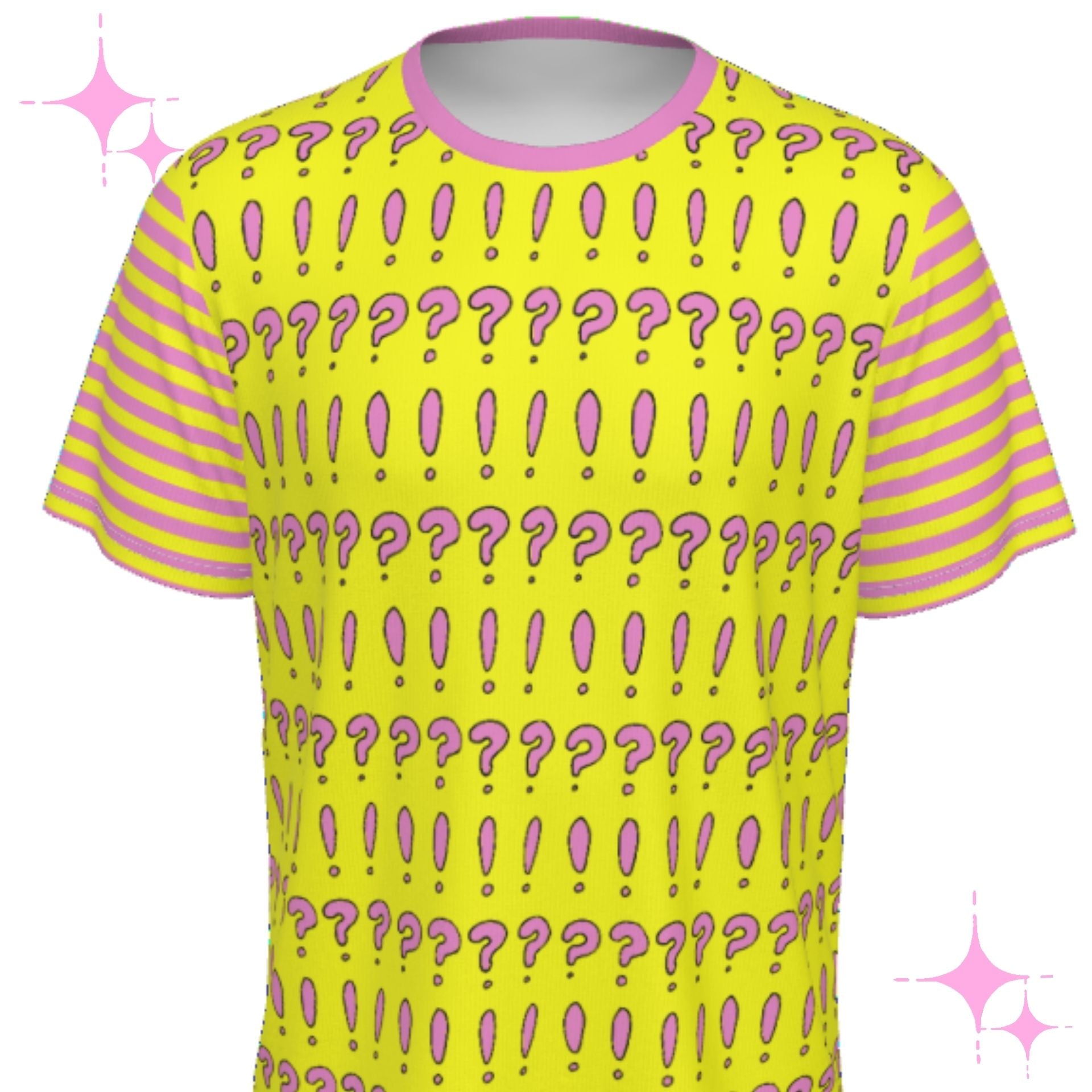Yellow t-shirt with pink question marks and exclamation points on a white background