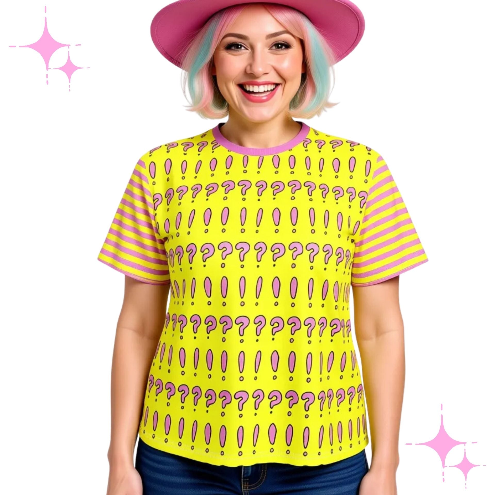 Person wearing a yellow t-shirt with pink question mark pattern and pink hat on a white background