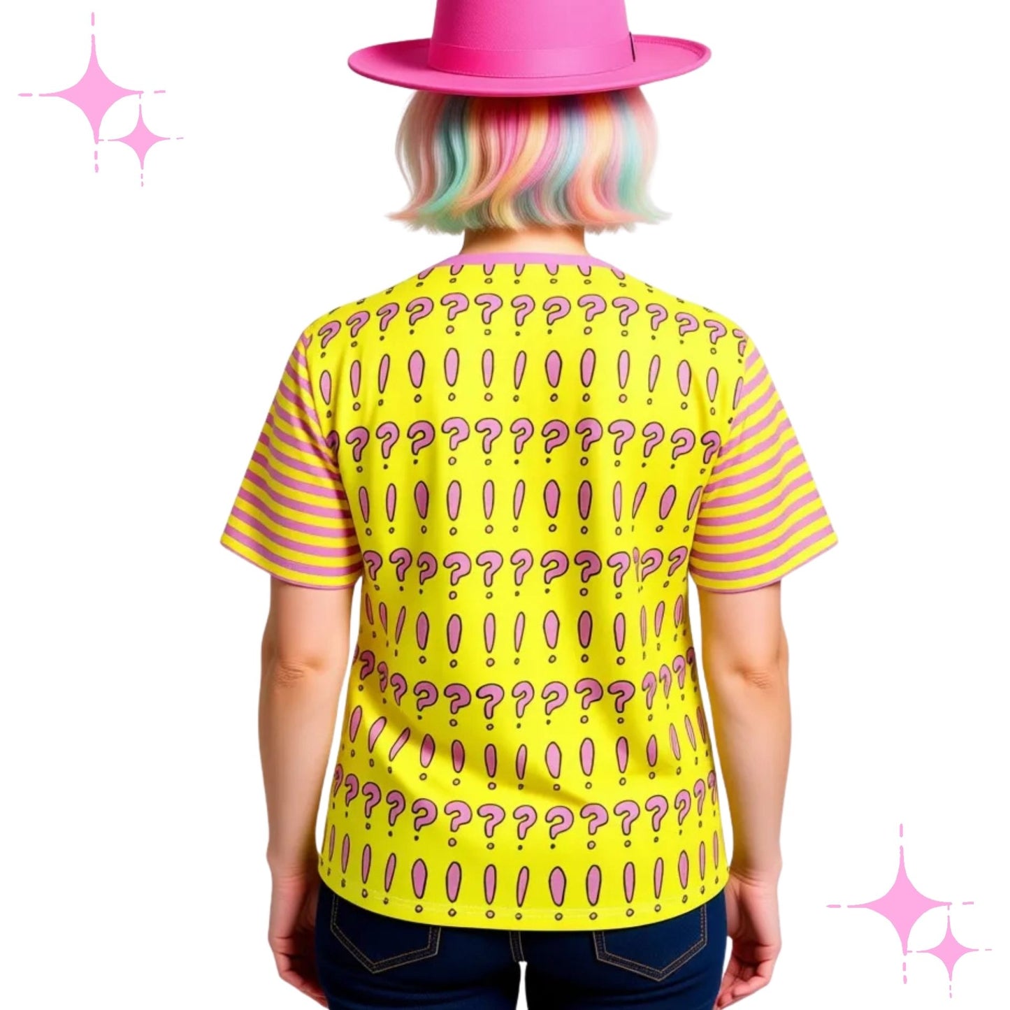 Person wearing a yellow t-shirt with question mark pattern and a pink hat on a white background