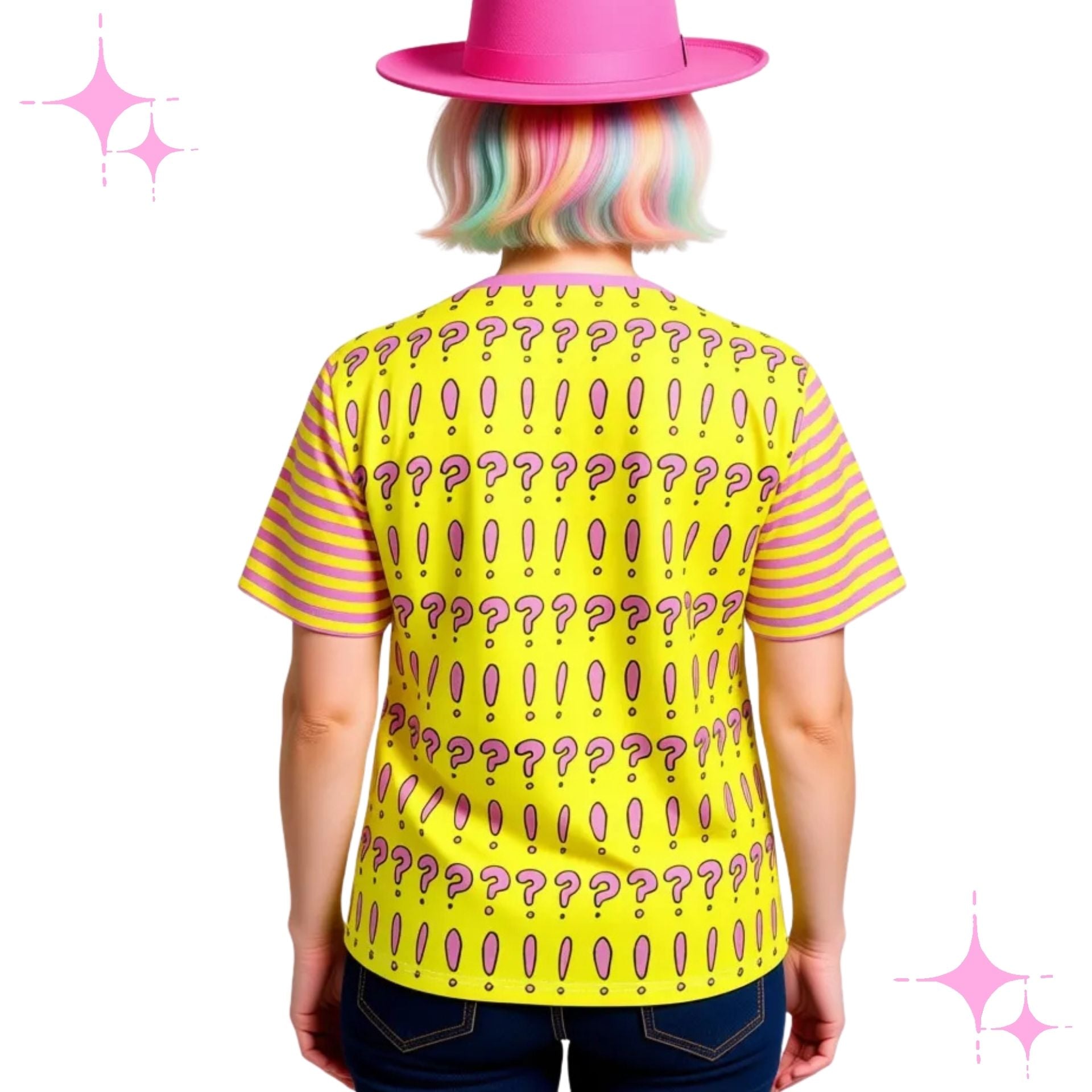 Person wearing a yellow t-shirt with question mark pattern and a pink hat on a white background