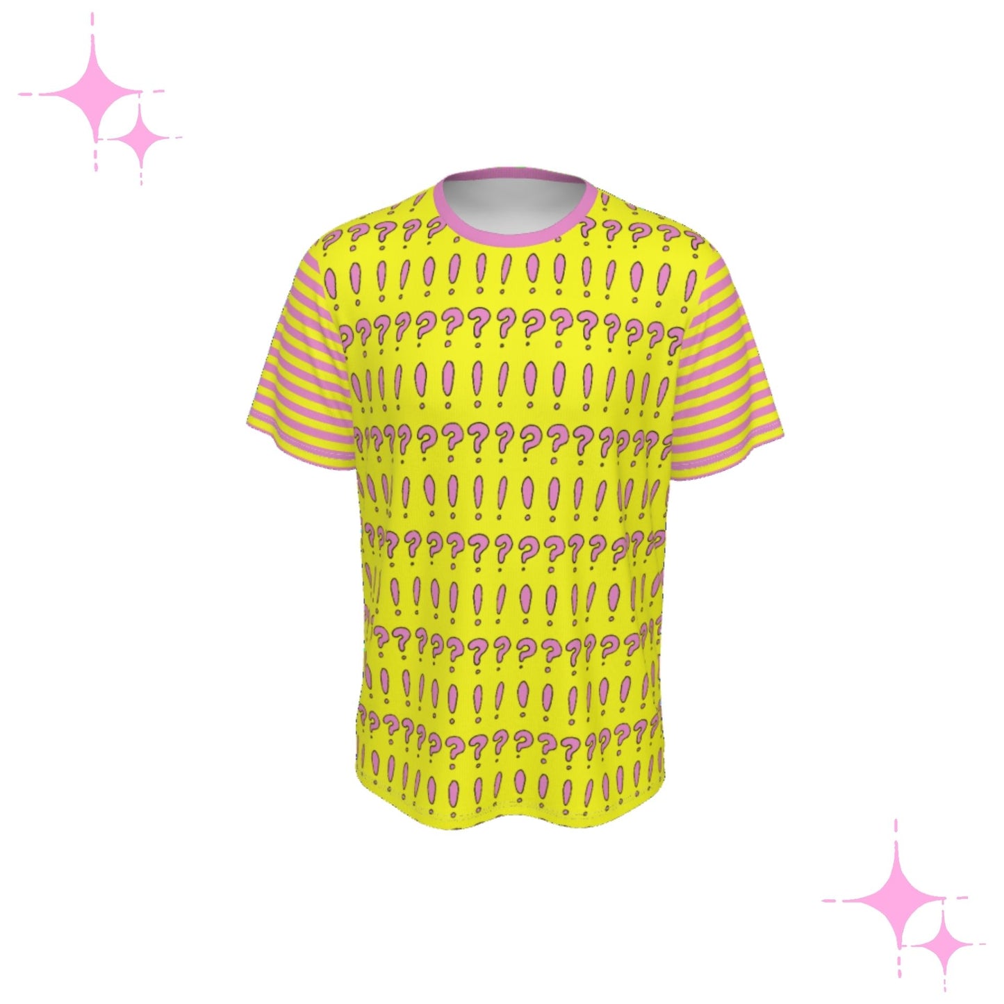 Yellow t-shirt with pink question mark pattern on a white background