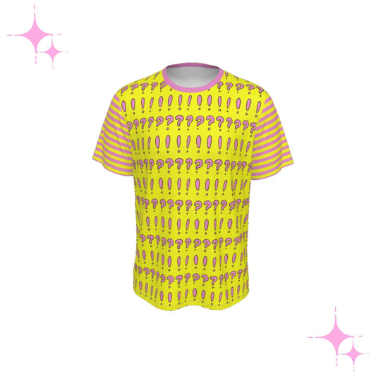 Yellow t-shirt with pink question mark pattern on a white background
