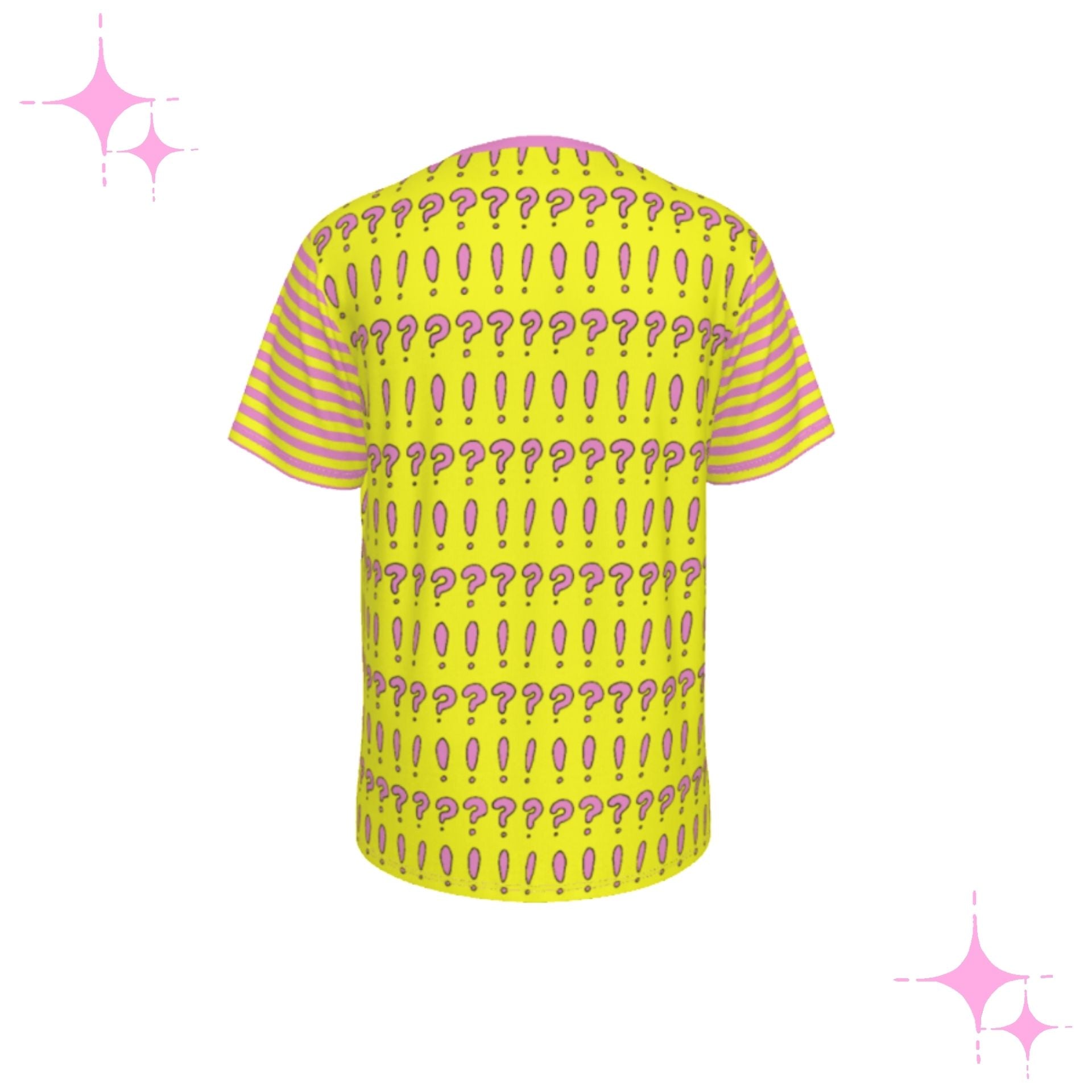 Yellow t-shirt with pink question mark pattern on a white background