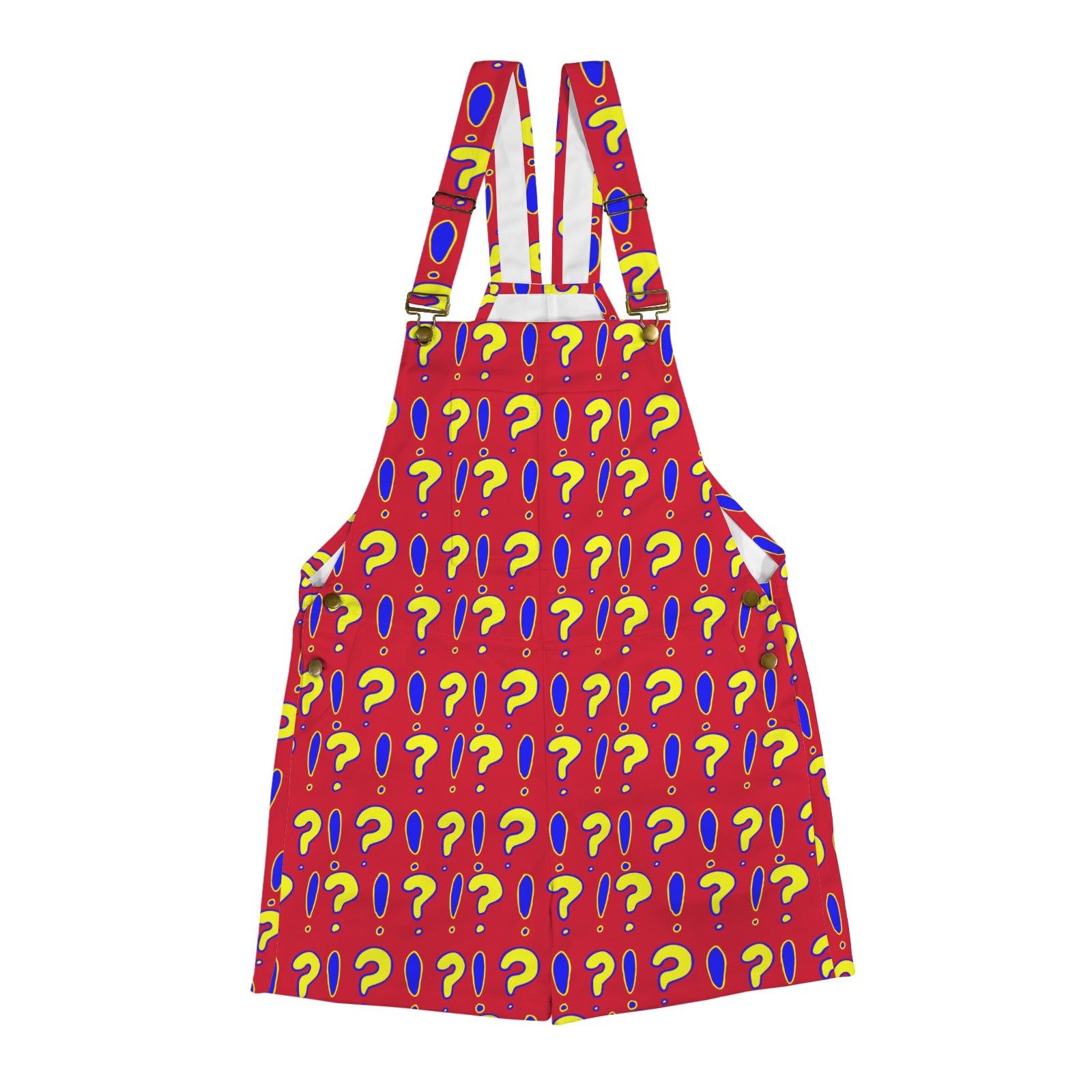 Whimsical red short overalls printed with repeating interrobangs in yellow and blue