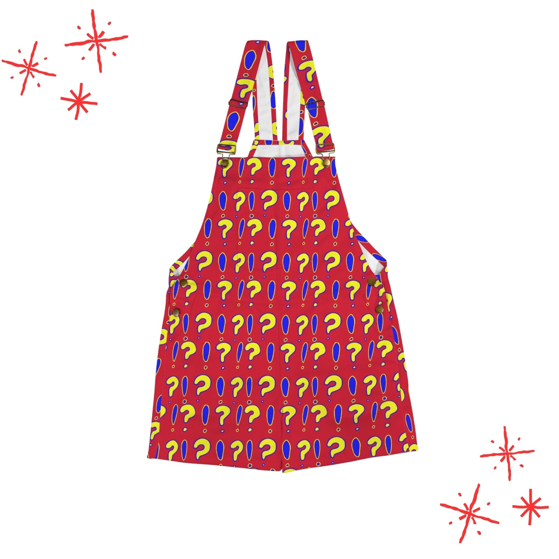 whimsical clowncore red short overalls printed all over with interrobangs in yellow and blue