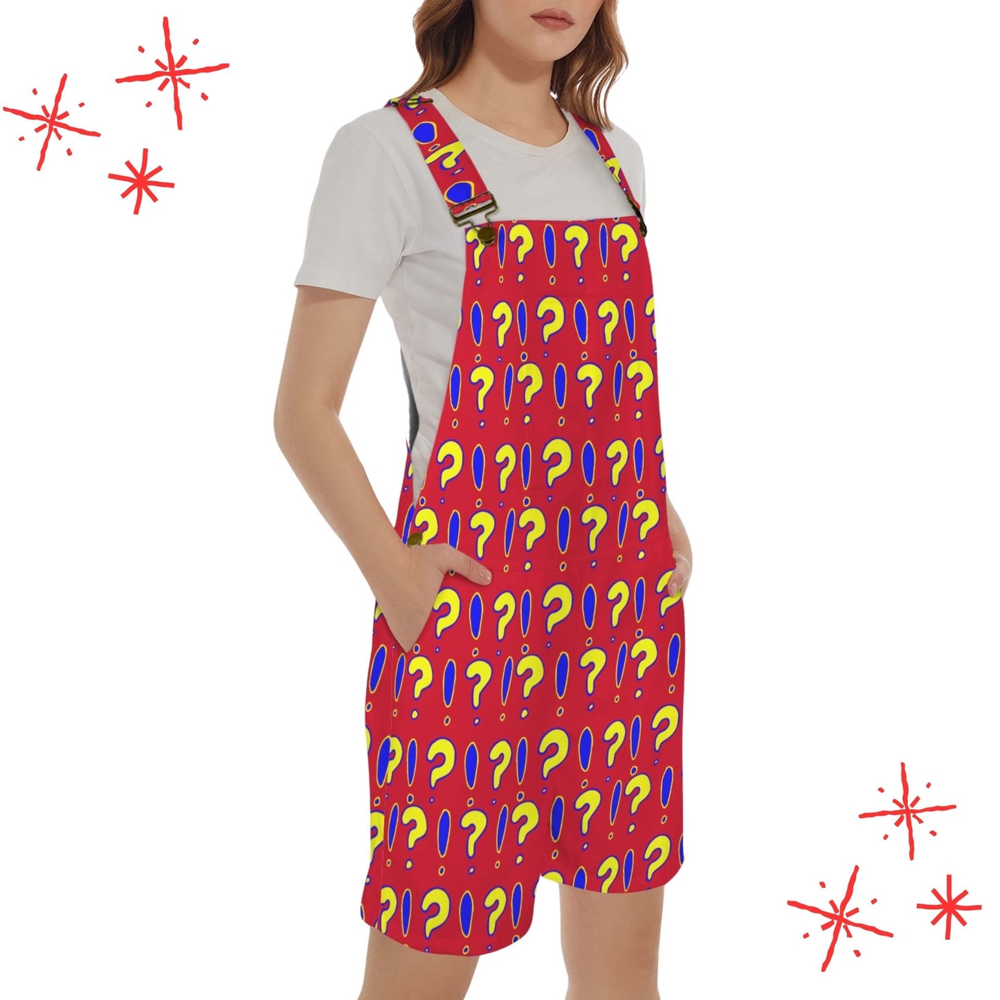 Interrobang On Red Shortie Overalls