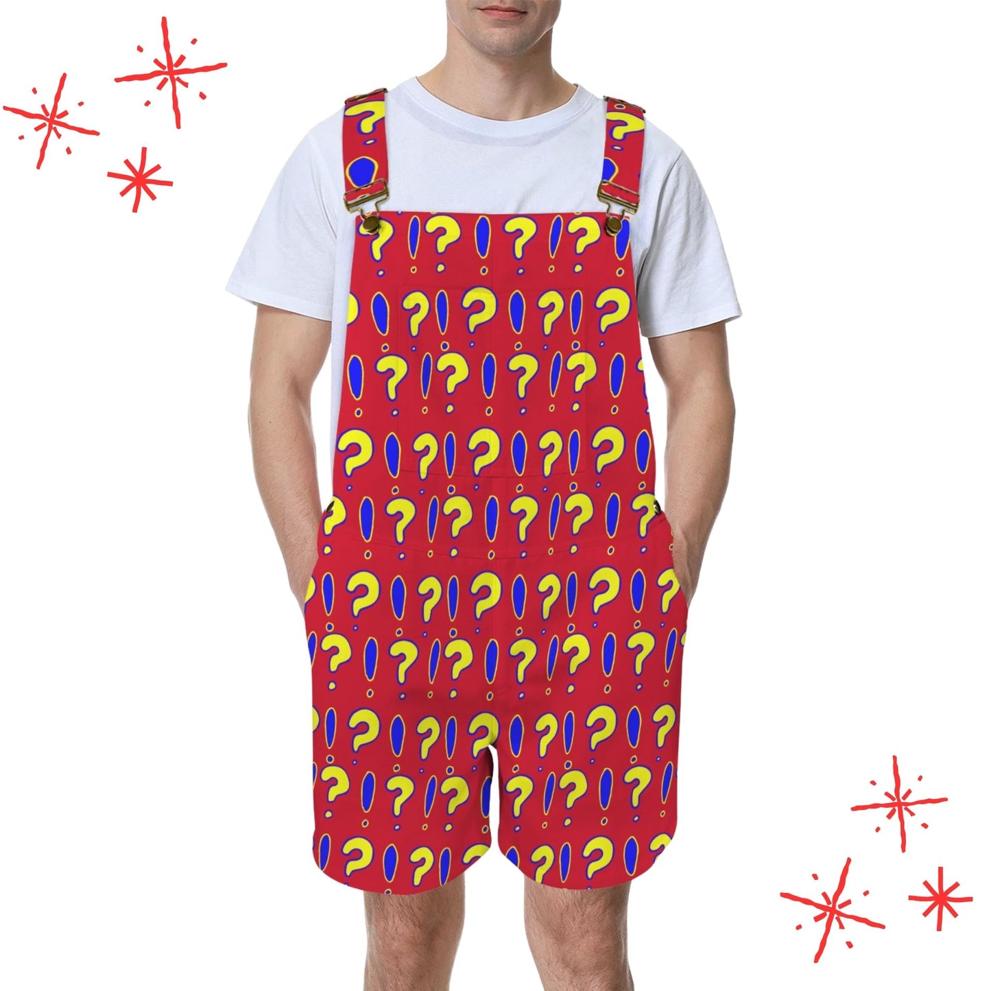Interrobang On Red Shortie Overalls