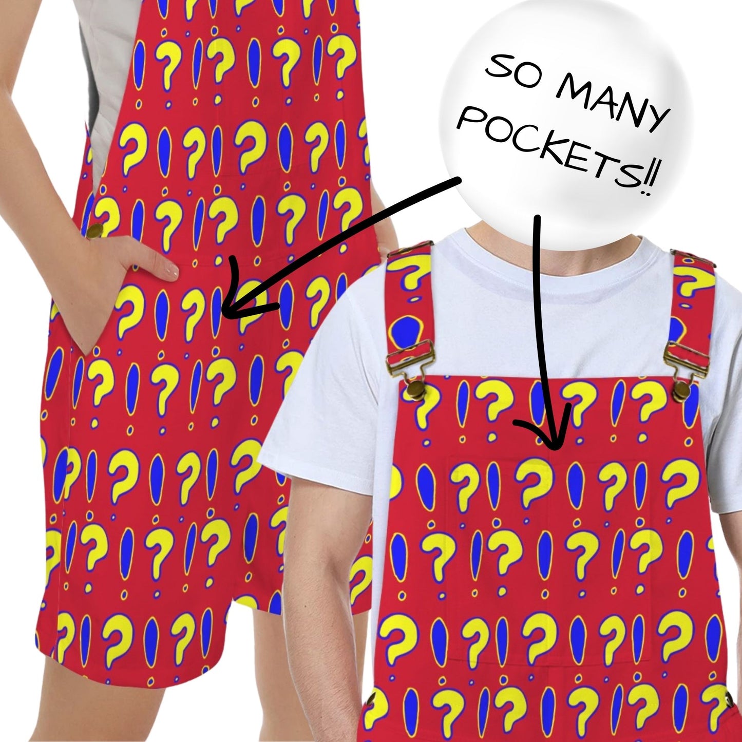 Interrobang On Red Shortie Overalls