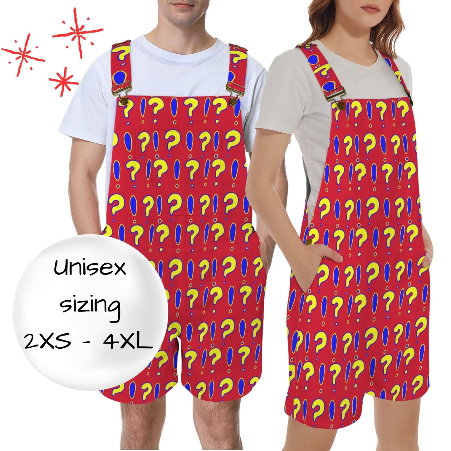 Interrobang On Red Shortie Overalls