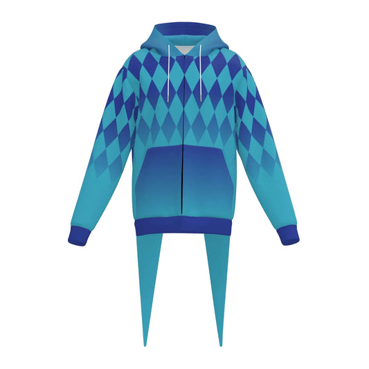 Blue and green argyle pattern hoodie  with long jester horns on a white background