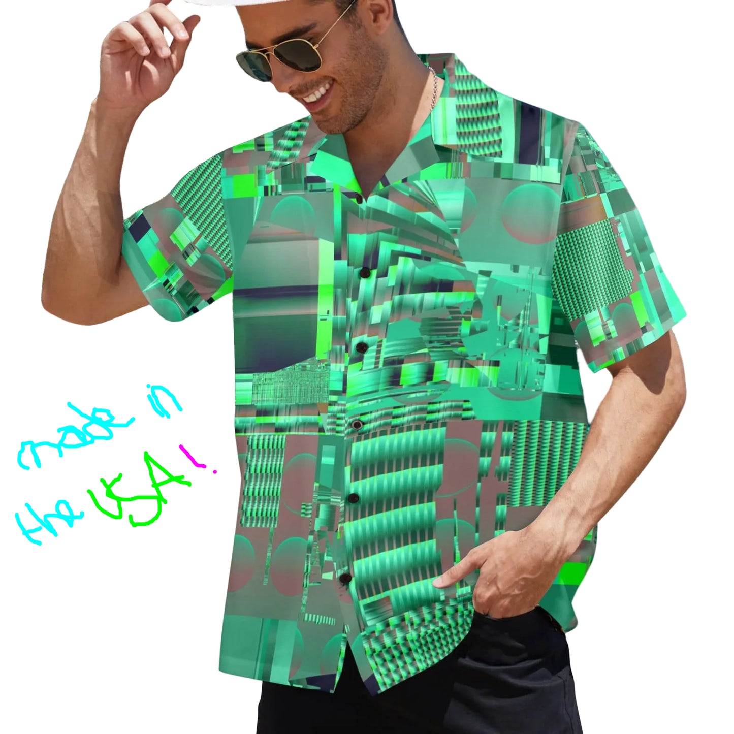 Man wearing a vibrant green patterned shirt 