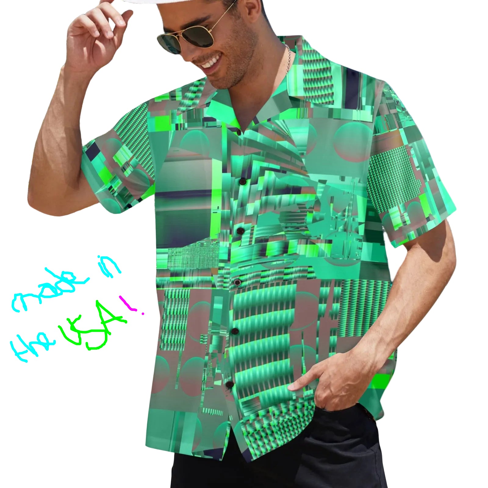 Man wearing a vibrant green patterned shirt 