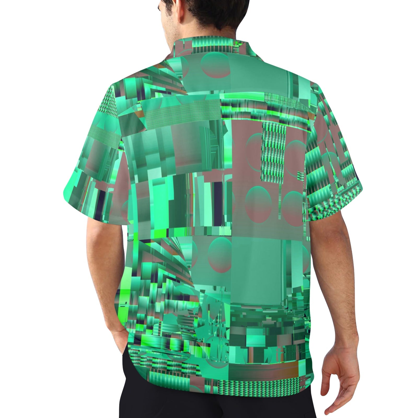 Green abstract patterned shirt worn by a person on a white background