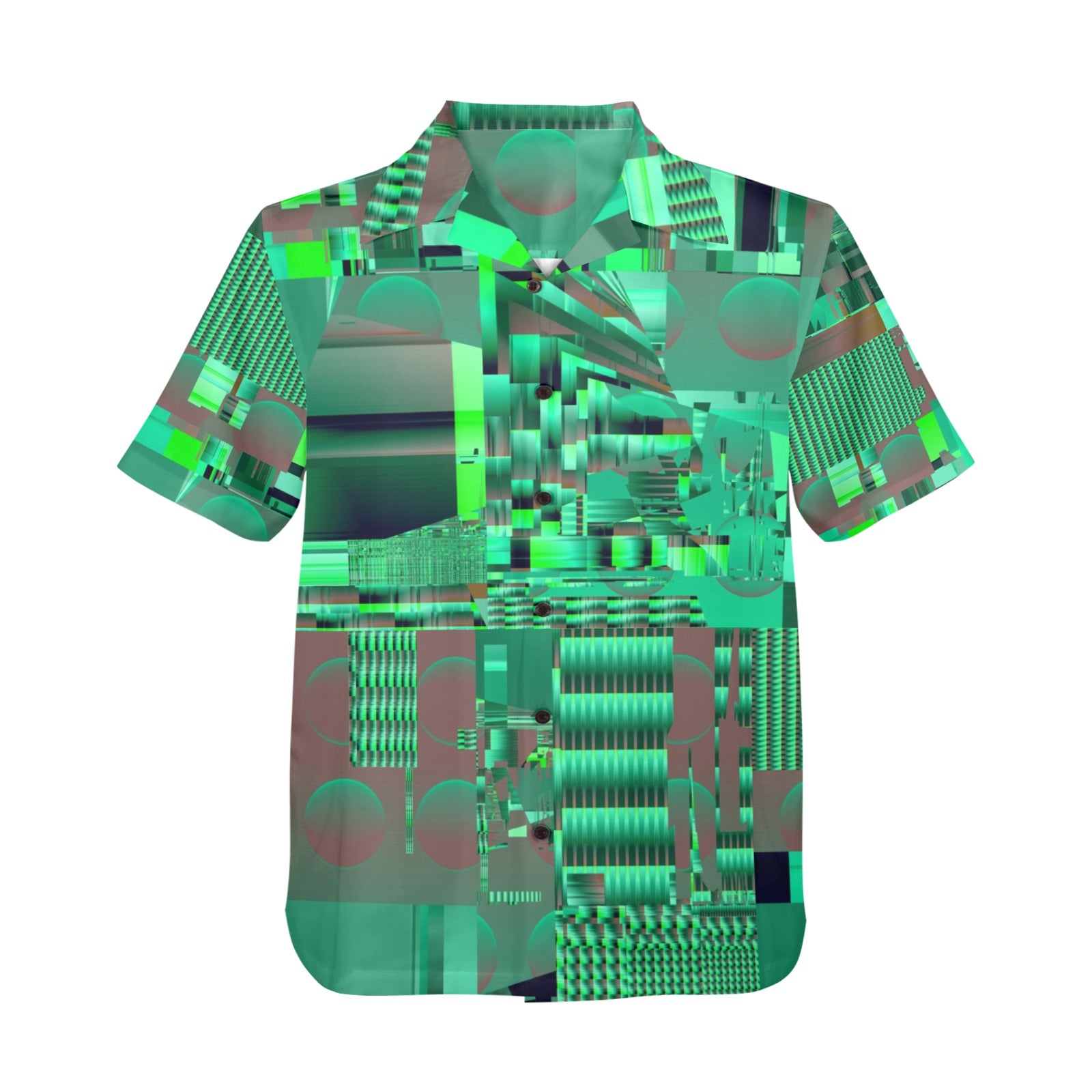 Short-sleeve shirt with a geometric pattern in green and gray on a white background